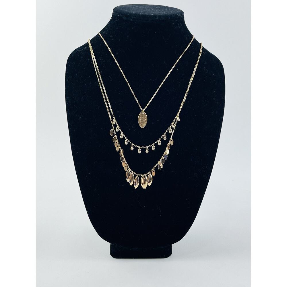 Loft Triple Strand 3 Tier Necklace Gold Tone Rhinestone Clear Jewel Leaves Petal